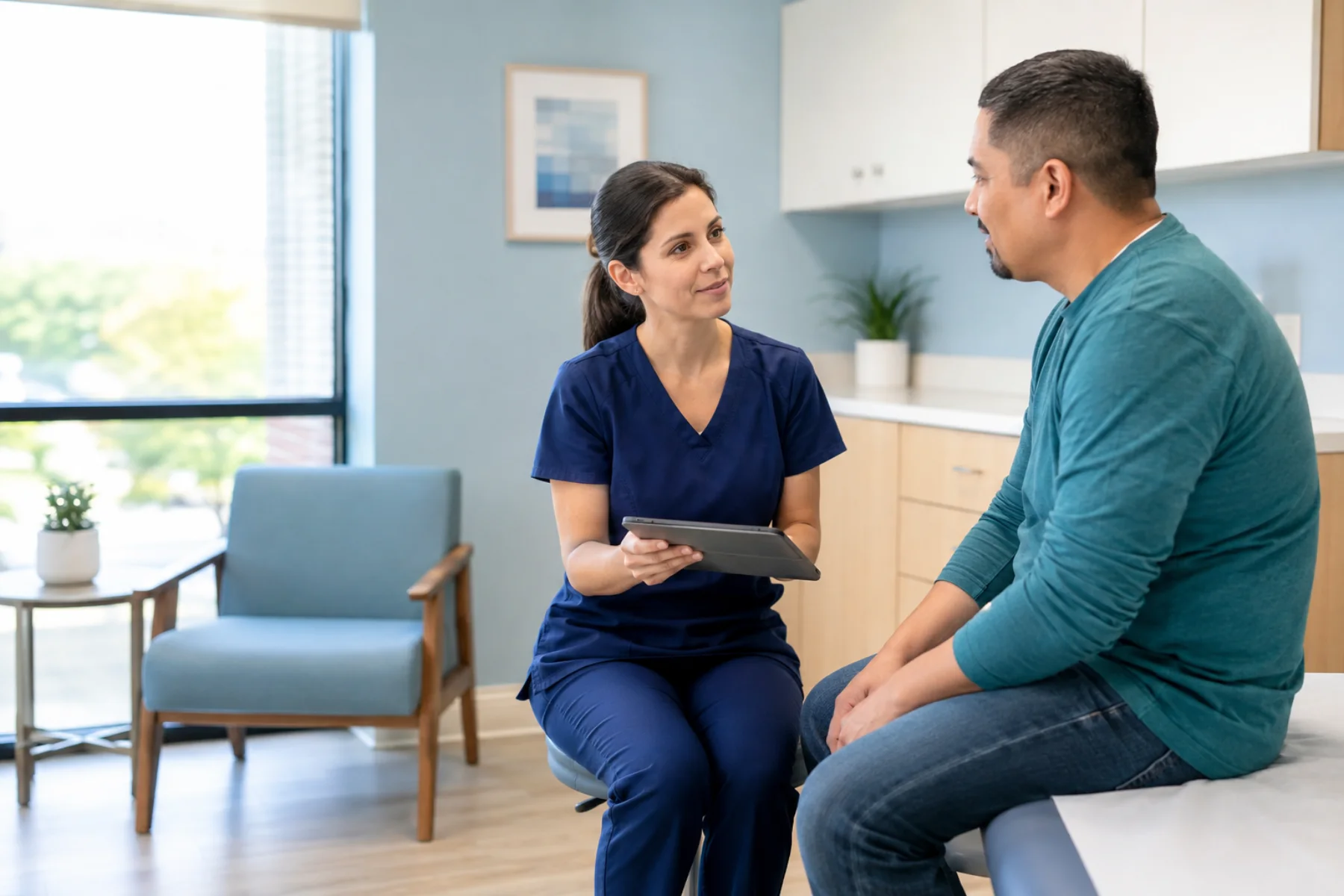 A clinician listening to a patient in a welcoming community clinic